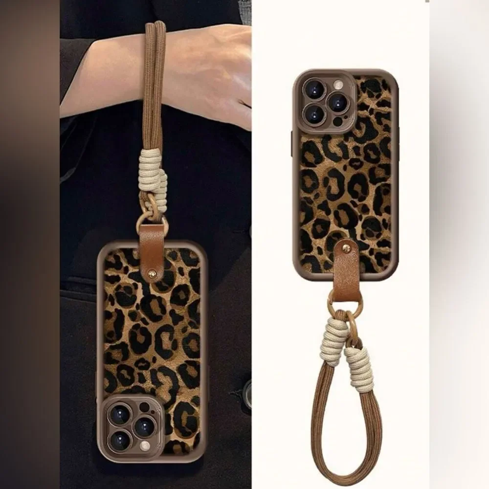 Leopard Print Phone Case with Wrist Strap for iPhone 15 Pro Max